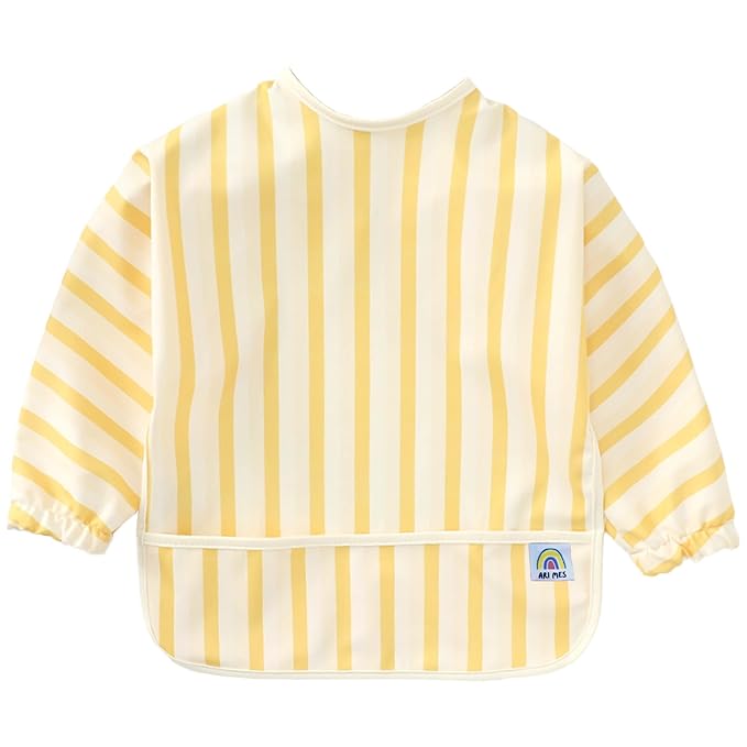 ARI MES Long Sleeves Waterproof Baby Bibs for Eating - Yellow Stripes, Medium- Wearable, Coverall for Toddler, Long Sleeve Bib, Smock for Toddler, Apron for Feeding - Applicable for 6-72 Months