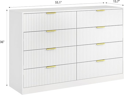 8 Drawer Dresser for Bedroom, Modern Fluted Double Dresser, 55" Wide Chest of Dressers, Wooden Beside Table for Closet, Living Room and Entryway, White