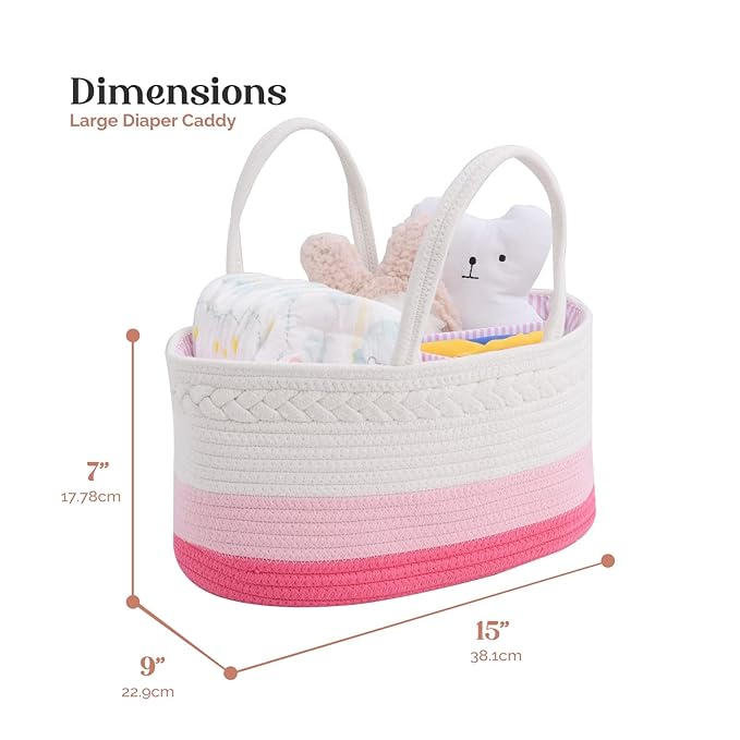 luxury little Diaper Caddy Organizer, Large Cotton Rope Nursery Basket, Changing Table Organizer for Baby Diaper Storage, Portable Car Organizer with Removable Divider, Baby Shower Gifts - Pink