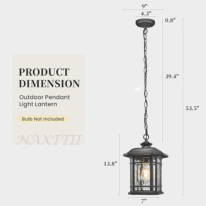 Outdoor Pendant Light Fixture Hanging Porch Light with Adjustable Chain Aluminum Frame with Tempered Water Ripple Glass Hanging Lantern for Front Door Porch Garden and Backyard
