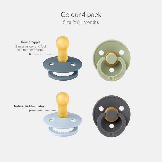 BIBS Pacifiers - Colour 4-Pack | BPA Free Baby Pacifier | Round Nipple Binkies | Natural Rubber Latex Soother | Made in Denmark | Size 6-18 Months | Baby Blue Mix