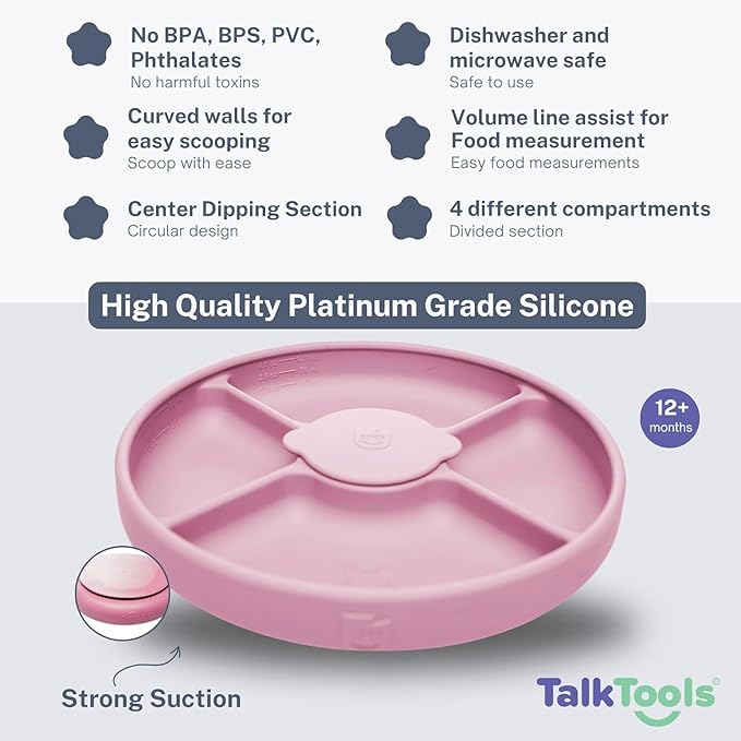 Talktools Bitsy Feeding Kid's Essentials Plate Set – Toddler Utensils, Spoon and Fork, Plate Lid, Perfect for Mealtime – Strong Suction Toddler Plates with 4 Compartments (Set-Bubblegum)