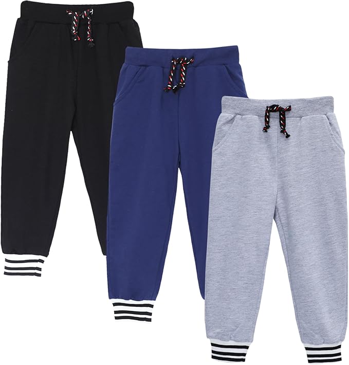 HILEELANG Toddler Boys Cotton Jogger Sweatpants 3 Pack, Soft Adjust Elastic Waist Pants with Pockets, Sizes 12M-7T