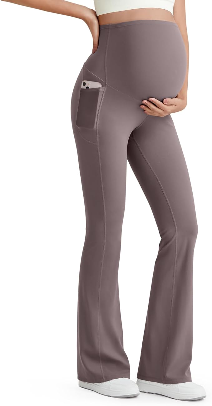 G4Free BareFeel Maternity Flare Leggings with Pockets Over The Belly Stretchy Casual Lounge Pregnancy Dress Pants for Work