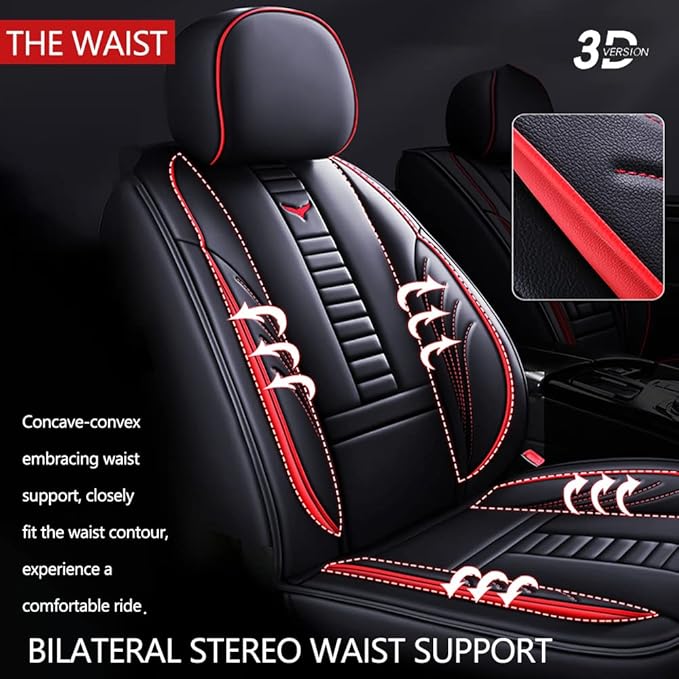 Full Set of Universal Fit Automotive Seat Covers fit for Suzuki 1999-2025 95% Models, PU Leather Automobile Interior Sets with Headrest & Back Pillow Black & Red Line