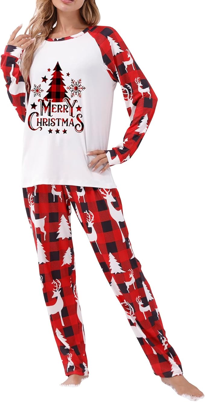 Awoscut Christmas Family Matching Pajamas Christmas Pjs Holiday Nightwear Sleepwear Sets Long Sleeve Pjs