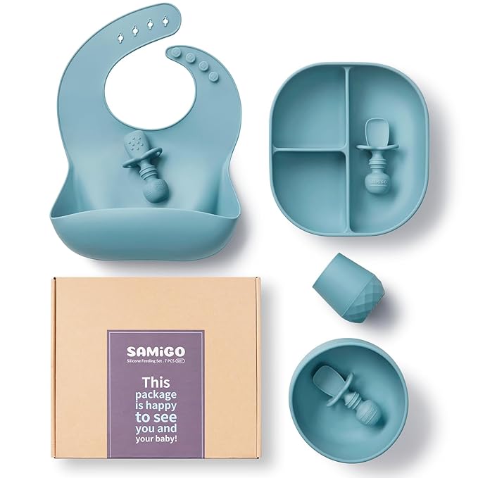 SAMiGO Silicone Baby Feeding Set, Baby Led Weaning Supplies, Suction Bowl Plate Bib Cup Self Feeding Spoons, Solid Food Eating Essentials, First Stage Utensils, 6+ Months