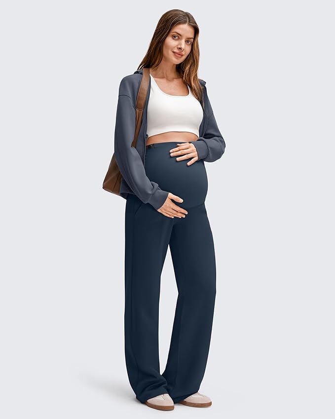 G4Free EverGoing Fleece Lined Maternity Wide Leg Pants Over The Belly Pregnancy Trousers with Pockets
