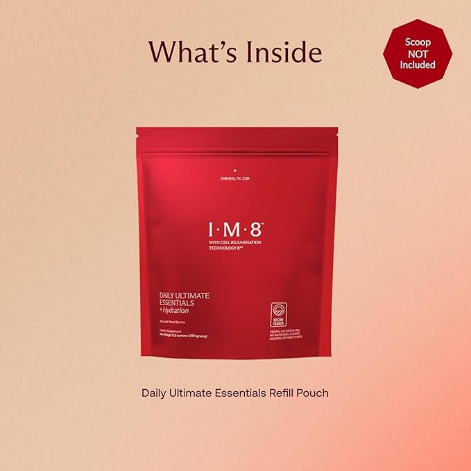 IM8 Daily Ultimate Essentials All-in-1 Multivitamin Supplement, 92 Nutrient Rich Ingredients CoQ10, Probiotics, Vitamins, Greens, GF, Acai Mixed Berry (30 Servings, Refill Pouch)