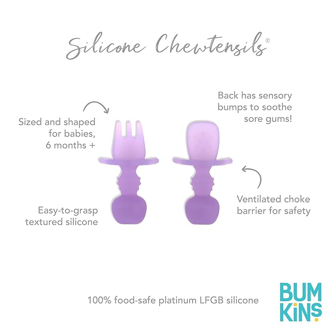 Bumkins Baby Utensils Set, Chewtensils Silicone Spoons for Dipping, Self-Feeding, Baby Led Weaning, Trainer Learning, First Stage Eating, Soft Practice Fork and Spoon, Babies 6 Months, Purple Jelly