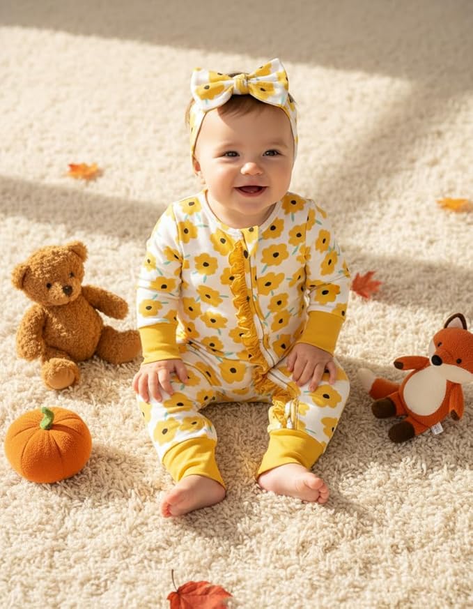 PATPAT Baby Girl Boy Clothes Newborn Infant Footie – Soft Viscose from Bamboo– 2-Way Zipper, Fold-Over Mitten, Ruffle Trim