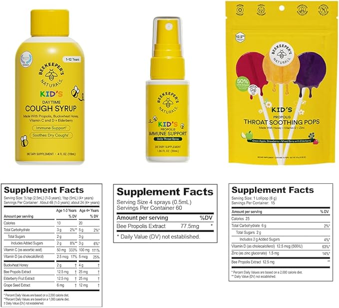 Beekeeper's Naturals Kid's Immune Support Essentials | Kid's Propolis Throat Spray - Propolis Honey Cough Syrup for Kids - Throat Soothing Lollipops | Natural Immune Support - Sore Throat Relief