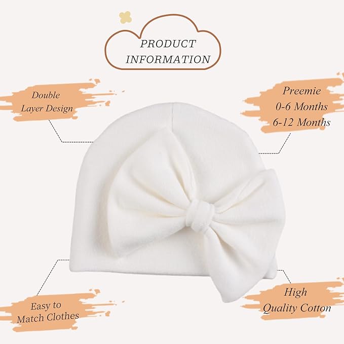 Bamery Newborn Baby Girl Hat Cotton Baby Bow Beanie Preemie Hats Spring Infant Hats for Girls 0-12 Months