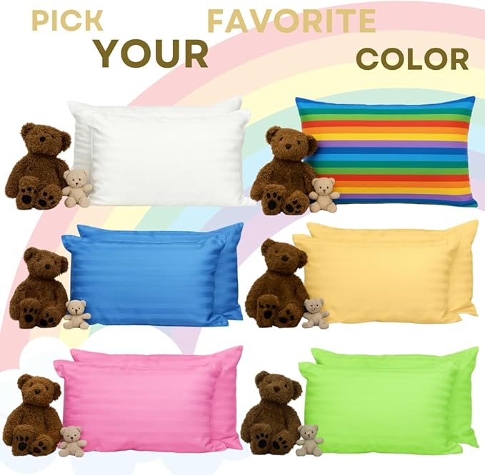 kinder Fluff Children Pillow (2Pack) 10x15in - First Pillow for Kids Age 2+, 100% Cotton Sateen Stripes Shell 300T, Down Alternative Fill, Machine Washable - Children & Travel Cushion - Yellow - XS