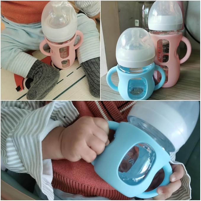 4 Pack Silicone Sleeves for Avent Natural Glass Baby Bottles, Silicone and Easy-Grip Handles for Drop Protection, Compatible with Philips Avent 4/8 OZ Glass Bottle (Light Blue, 4 OZ)