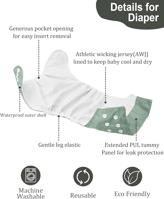 babygoal AWJ Cloth Diapers with Tummy Panel Pack of 7, 3 Diaper Cover with 3 Inserts and Wet Dry Bag, Adjustable Washable Reusable for Baby Girls and Boys