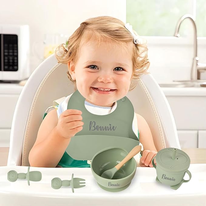 Personalized Silicone Baby Feeding Set with Name, Customized Baby Led Weaning Supplies Self Feeding Eating Utensils with Spoon, Fork, Silicone Suction Bowls, Cup, Plate Off-white