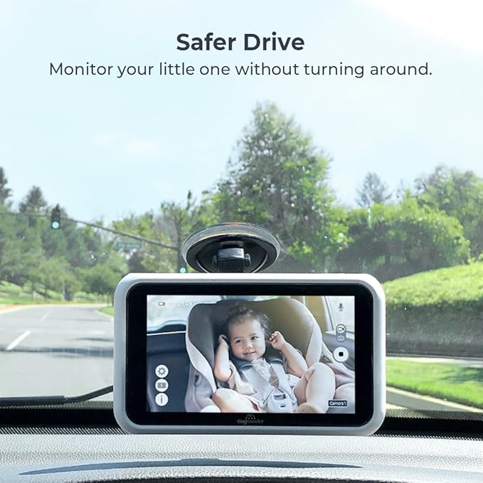 Tiny Traveler 5” HD Touch Screen Baby Car Monitor – Hackproof, No WiFi Baby Camera for Travel Home – Rear-Facing Car Seat Monitor with Night Vision Headrest or Clamp Mount Baby Reminder Alert White