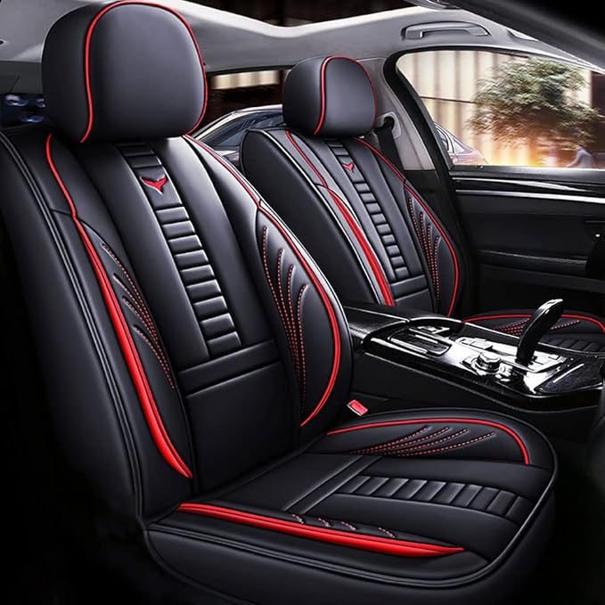 Waterproof 5 Car Seat Covers for Suzuki 1999-2025 95% Models, Premium Faux Leather Automotive Front and Back Seat Protectors Compatible with Airbag Black & Red Line