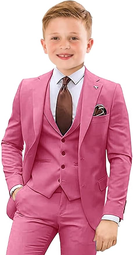 Boys Suit 4 Piece Slim Fit Kids Tuxedo Suit Formal Wedding Outfit Blazer Vest Pants Set with Tie
