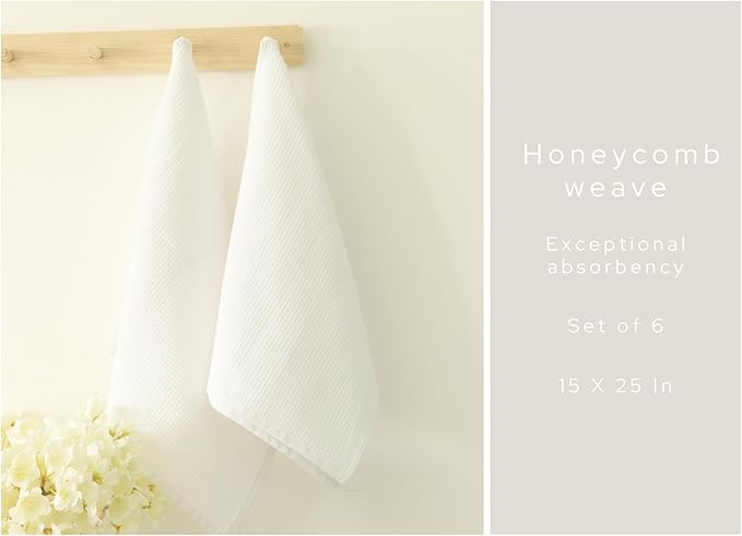 PurpleEssences Waffle Weave Kitchen Towel, 100% Cotton - 15 x 25 Inches, with Hanging Loop Ultra Soft Absorbent Quick Drying Dish Cloth, Tea and Hand Towels, 6 Pack - Fall Thanksgiving - White