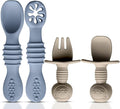 4pc Silicone Baby Spoons Self Feeding Baby Utensils 6-12 Months - 3 Baby Spoon - 1 Baby Fork - Toddler Cutlery Set - BPA Free, Dishwasher Safe - Baby Eating Essentials (Gray/Beige)