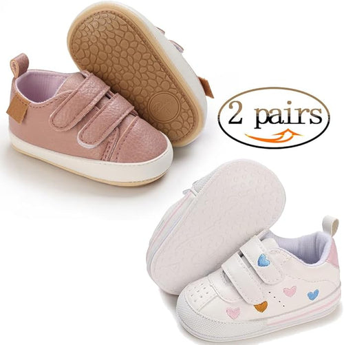 2Pairs Baby Shoes,Boys Girls Non-Slip Rubber Sole Sneakers,Unisex Infant Soft Lightweight First Walking Crib Shoes