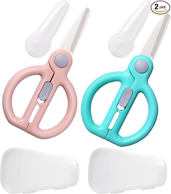 Ceramic Baby Food Scissors Kids with Travel Case, Toddler Scissors with Safety Lock, Ideal for Pizza, Meats, Noodles, Vegetables, and Fruits (C/D)
