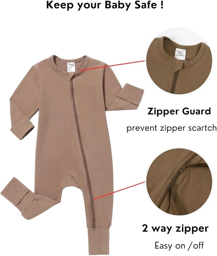 JunNeng 2 Pack Footless Long/Short Sleeve Baby Romper with Zipper Cotton Infant Sleepwear