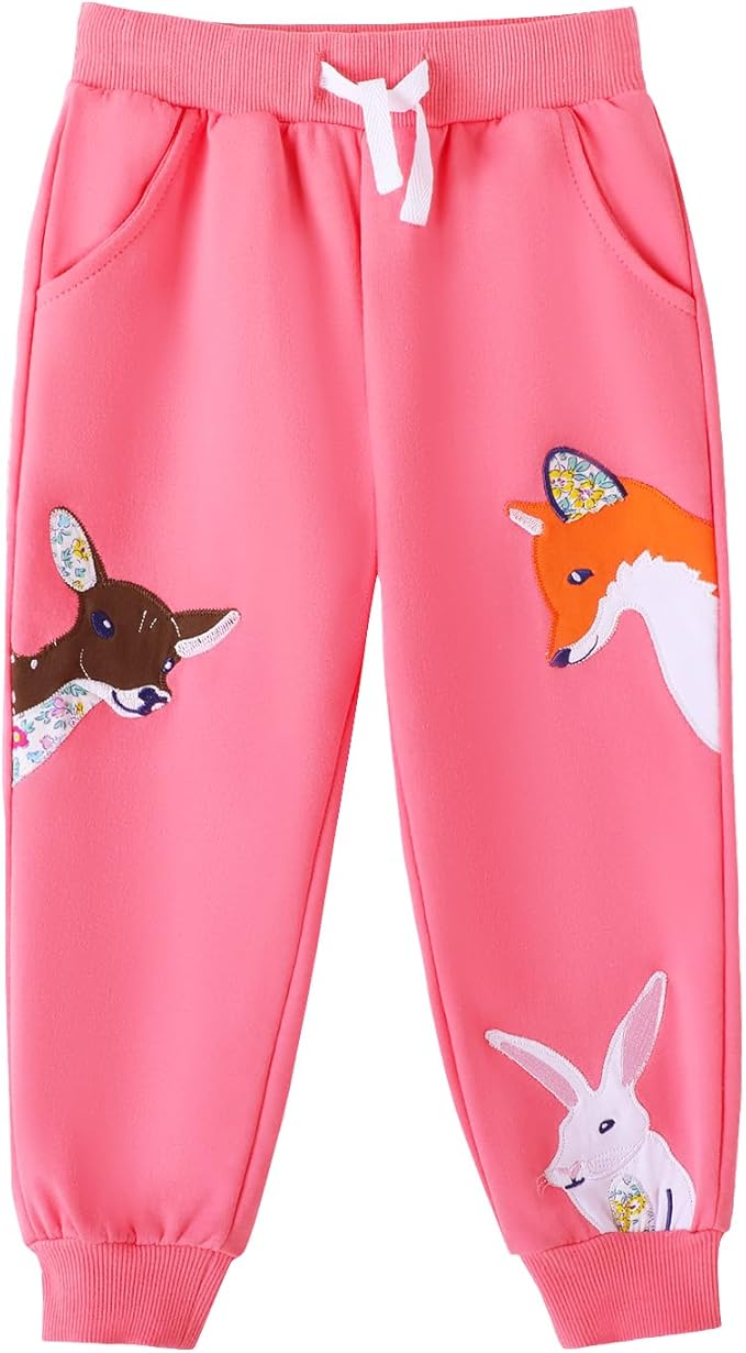 HILEELANG Girls Cotton Joggers Sweatpants Embroidery Drawstring Waist Pockets Casual Pants for Kids 12M-7Y