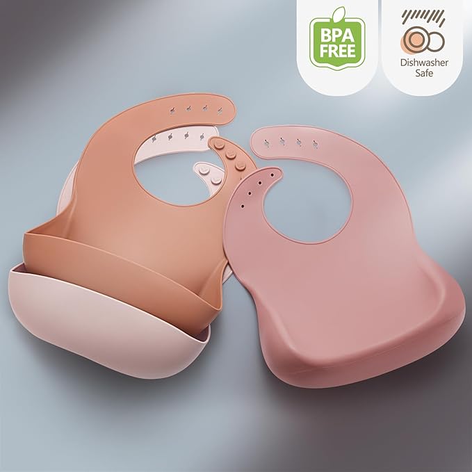Silicone Bibs for Babies Toddler Set of 3, BPA Free, Soft Adjustable Waterproof Bibs for Feeding Essentials