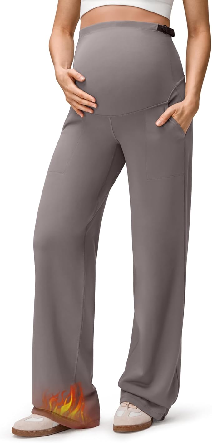 G4Free EverGoing Fleece Lined Maternity Wide Leg Pants Over The Belly Pregnancy Trousers with Pockets