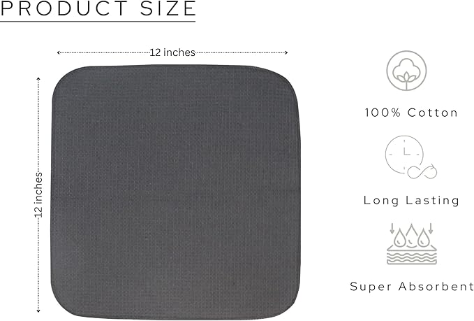 PurpleEssences Dish Cloths and Dish Rags - 8 Pack Waffle Weave Solid Kitchen Dish Wash Cloths, 100% Cotton, 12 x 12 Inches, Ultra Soft Absorbent Quick Drying - Fall Thanksgiving - Dark Grey