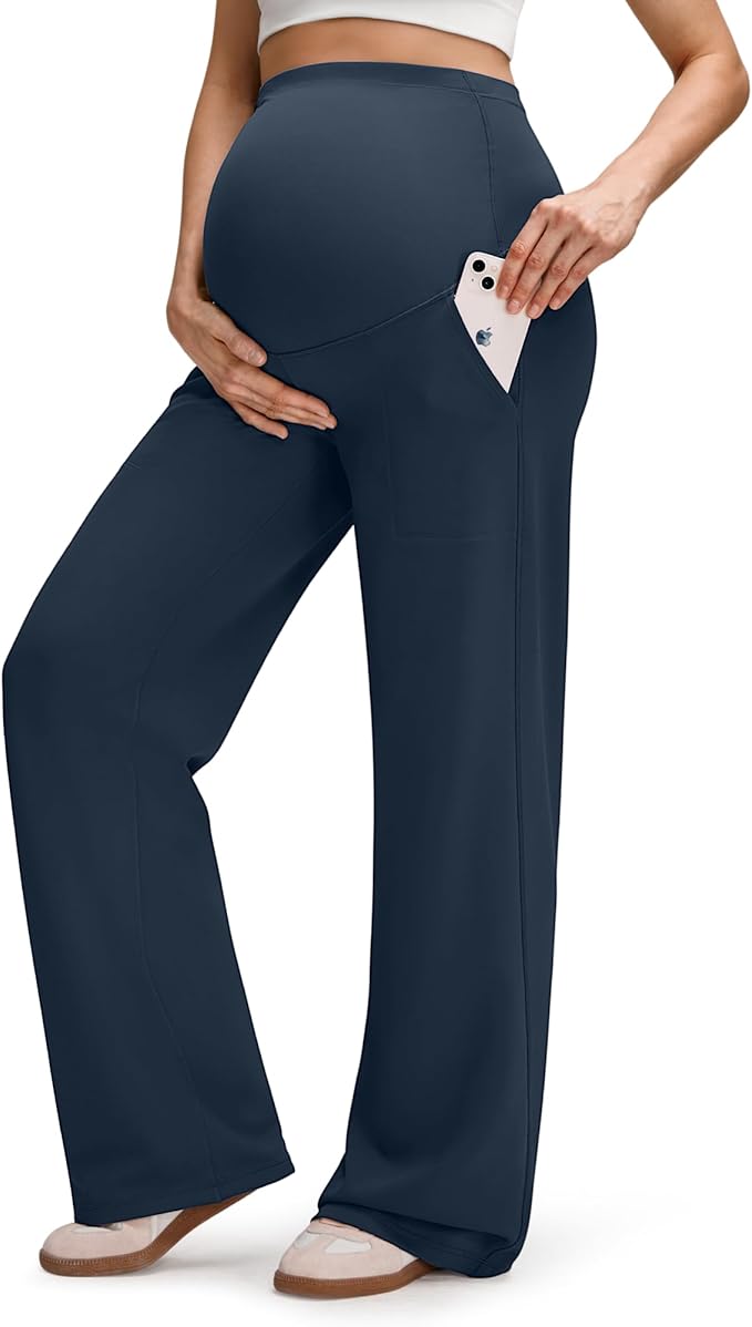 G4Free EverGoing Fleece Lined Maternity Wide Leg Pants Over The Belly Pregnancy Trousers with Pockets