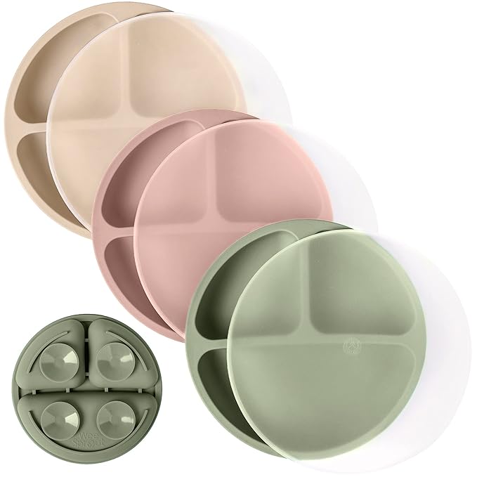 WeeSprout Suction Plates with Lids for Babies & Toddlers - 100% Silicone, Dinnerware Stays Put, Divided Design for Picky Eaters, Microwave & Dishwasher Friendly, 3 Pack
