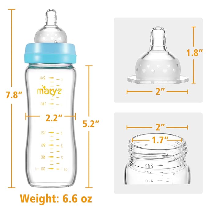 Matyz Glass Breastmilk Baby Feeding Bottle with Nipple, 2 Pack, 8 oz Slim and Light Bottle Easy to Hold, Food Grade Borosilicate Glass, Wide Neck Easy to Clean, No BPA (Blue Lids)