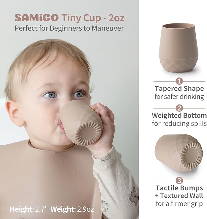 SAMiGO Silicone Baby Utensils - Self Feeding Spoons and Tiny Training Cup - First Stage Baby Led Weaning Supplies for 6 Months+ Infants - Set of 3