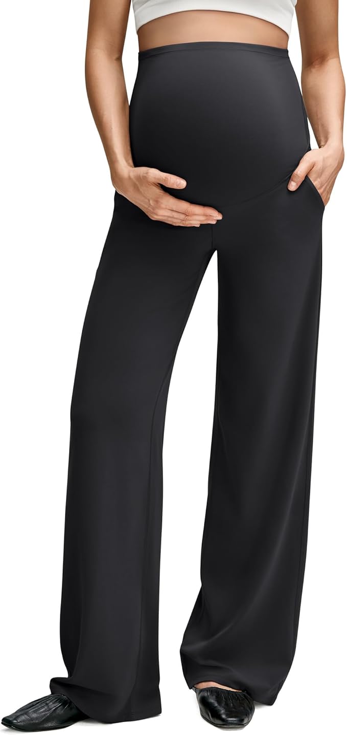 G4Free BareFeel Maternity Dress Yoga Pants with Pockets Over The Belly Stretchy Work Slack Pregnancy Wide Leg Casual Trousers