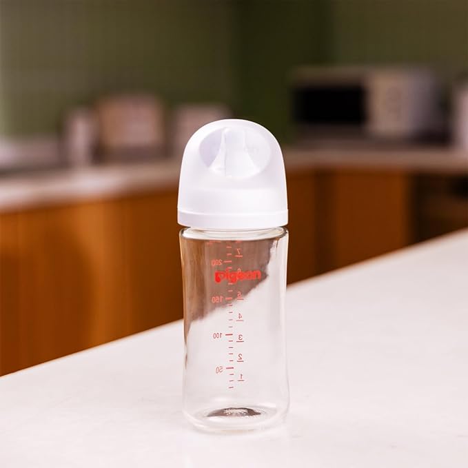Pigeon Glass Nursing Bottle Wide Neck, Nurture & Nest, Anti-Colic, Streamlined Body, Natural Feel, Easy to Clean, Heat-Resistant, 8.1 Oz (Pack of 3), Includes 3pcs Stage 3 Nipples (3m+)
