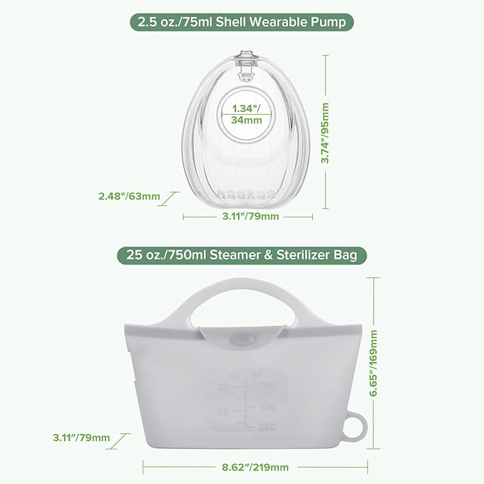 haakaa Wearable Silicone Breast Pump with Steriliser Bag, 2-in-1 Hands-Free Passive Breast Milk Catcher for Nursing Mom, Breastfeeding Essentials, 2-Pack 75ml Pumps & 1 Steriliser Bag