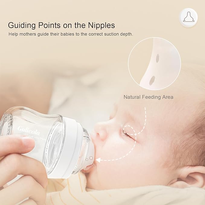 Gulicola Natural Glass Baby Bottle for Breastfed Babies, Anti-Colic Baby Bottle Set with Medium Flow Nipple, 3 Months +, 8 oz, 2 Pack - Pink