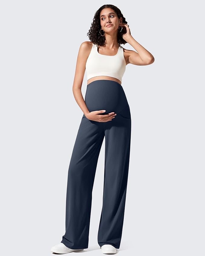 G4Free Ribbed Maternity Yoga Pants with Pockets Over The Belly Wide Leg Casual Pregnancy Lounge Trousers