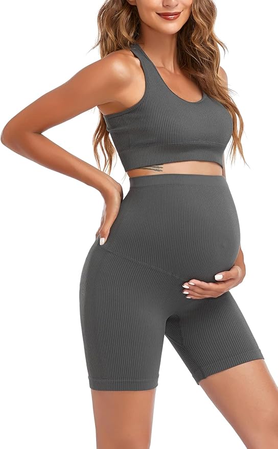 Women's Maternity 2 Piece Outfit Set - Bra & Shorts for Pregnancy - Yoga workout Lounge Wear Sets