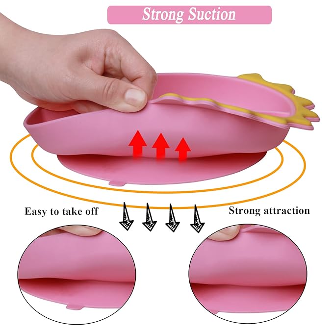 Silicone Suction Plates for Baby Toddler with Spoon Fork set Divided Dinosaurs Plates Self Feeding Training Baby Dinner Plate-Pink Dinosaurs Plate Set