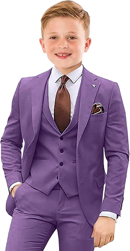 Boys Suit 4 Piece Slim Fit Kids Tuxedo Suit Formal Wedding Outfit Blazer Vest Pants Set with Tie