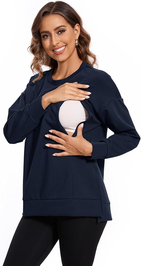 Smallshow Women's Nursing Tops Sweatshirt Long Sleeve Side Split Breastfeeding Shirt