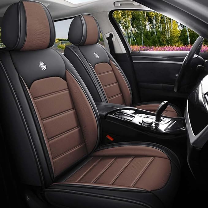 Leather Seat Cover for Ford Edge 2010-2026,Waterproof Soft Seat Covers,Interior Accessories Seat Covers Cushion Vehicle Protector Airbag Compatible(Black&Coffee,2PCS Front)