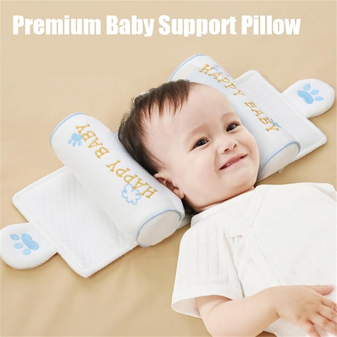Kariney Baby Pillow, Compariston All-Season Breathable Pillow for Baby Development, Organic Cotton Adjustable Infant Head Cushion (Blue,Deer)