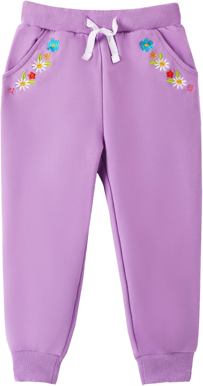 HILEELANG Girls Cotton Joggers Sweatpants Embroidery Drawstring Waist Pockets Casual Pants for Kids 12M-7Y