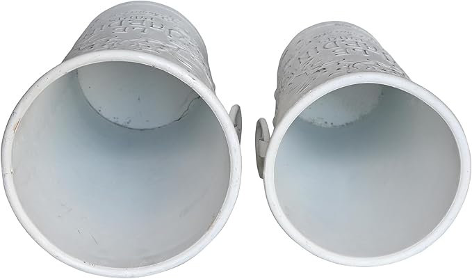 Set of 2 Distressed White Metal Flower Pots - Le Jardin Paris 14" Vintage Planters, Decorative Round Plants Buckets for Indoor/Outdoor Garden Patio Decor